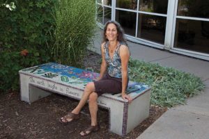 In Jane Glotzer’s hands, a decidedly plain-Jane concrete bench became an enchanting garden seat. Glotzer transformed it with mosaic tiles she creates from found materials. “There’s so much life left in (discarded) things,” and anyone can develop an eye to see their potential, she says. (photo courtesy Jane Glotzer, www.plainjanedesignboulder.com)