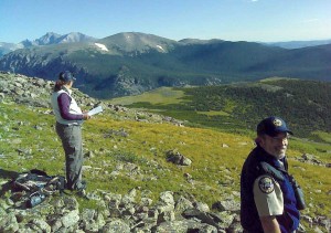 Rogstad and biologist Janet George on a white-tailed ptarmigan search at sunrise, above timberline on the northeast side of Mount Audubon in the Indian Peaks Wilderness. This was part of a statewide effort to establish a baseline population estimate for future reference, both in looking at climate change and in case someone petitions to list the species.  (Photo by Jason Deutsch)