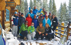 On the deck of Jay’s Cabin, part of the Shrine Mountain Inn system, at the Vail Pass trailhead on Shrine Pass Road. The Live by Living organization, which provides outdoor activities for cancer survivors and their caregivers, sponsored this hut trip. (photo courtesy Jo Henritze)