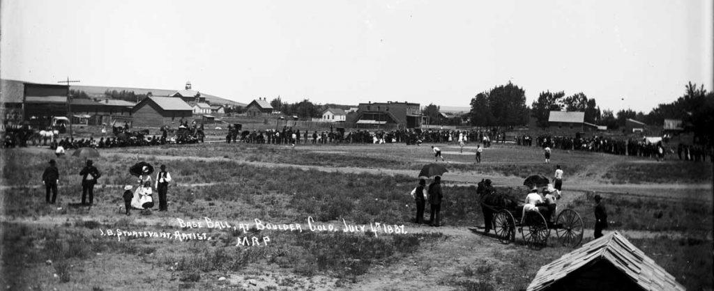 Baseball came to Boulder and the town of Valmont in the 1860s. At first, Boulder’s games took place in the “public square” near the courthouse. But by 1887, the growing downtown had pushed the ball grounds to 17th and Pearl streets, seen above during an Independence Day game. A seat in the bleachers cost 25 cents. (Photo courtesy Carnegie Branch Library for Local History/Boulder Historical Society collection)