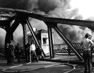 Firemen battle a fire on Cleveland’s Cuyahoga River in 1952. The river burned several times during the 1940s, ‘50s and ‘60s, once reportedly because a spark from a passing train ignited oily debris on the water. The last big fire, in 1969, awoke Laurie Dameron, then 9, to the horror of desecrating the Earth. (Photo courtesy of Michael Schwartz Library, Cleveland State University) 