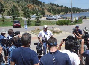 Pelle briefing media during the Nederland Cold Springs Fire in July. (photo courtesy Sheriff's Office)