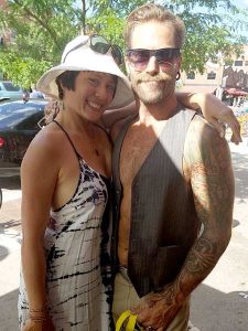 The author admires the pinstripe vest on a man she bumped into on Pearl Street Mall.