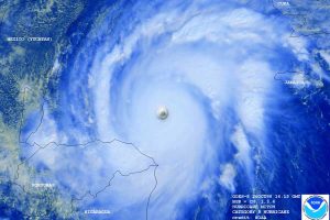 Hurricane Mitch approaches Honduras as a Category 5 hurricane on Oct. 26, 1998. The hurricane packed wind speeds of 180 mph. “It brought viscerally to my attention the importance of working on these issues,” says Max Boykoff, who was living in Honduras at the time. (photo by NOAA)